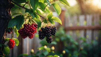 Aufkleber - Ripe blackberries clustered on a homegrown tree branch with lush green leaves and a bokeh garden backdrop, organic berries near wooden fence