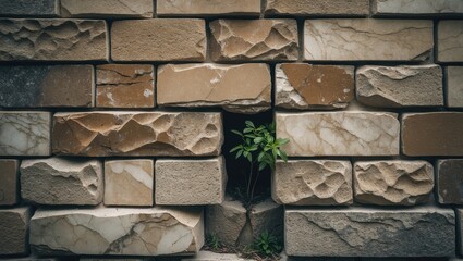 Aufkleber - Marble-stone wall of a building with plants thriving in the spaces between