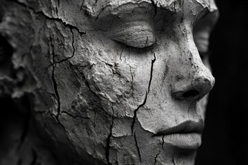 Poster - Cracked clay sculpture of a human face in a dramatic monochrome setting capturing the essence of fragility and resilience in art