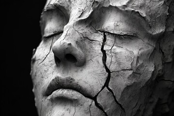 Poster - Cracked clay sculpture of a human face in a dramatic monochrome setting capturing the essence of fragility and resilience in art