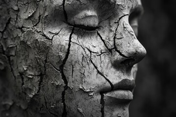 Poster - Cracked clay sculpture of a human face in a dramatic monochrome setting capturing the essence of fragility and resilience in art