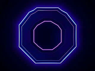Poster - Abstract neon octagon shape illuminated with glowing blue and purple lights on dark background