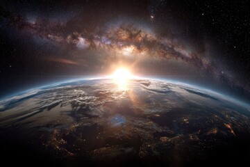 Wall Mural - Earthrise: Majestic Sunrise over Planet Earth with Milky Way