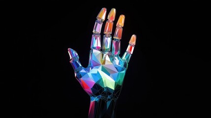 Poster - science, future technology and progress concept - robot hand with virtual low poly hologram over black background illustration , no logos, no brands