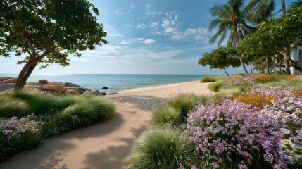 Poster - Nestled beside a calm ocean, this beachside garden features rich fruit trees and colorful flowering plants. The sandy path invites visitors to enjoy nature's beauty under a clear sky