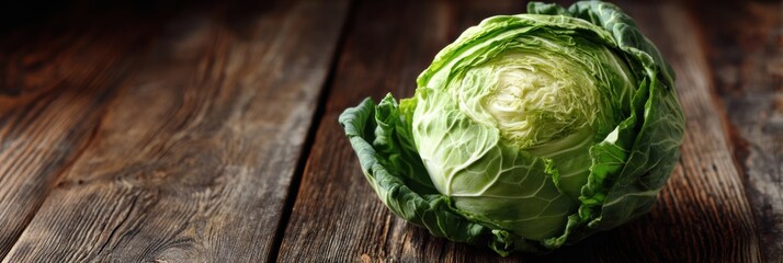 Poster - Fresh Green Cabbage Resting on a Rustic Wooden Table With Outer Leaves Intact and Vibrant Colors Captured Beautifully