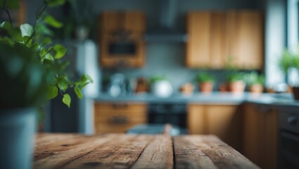 Aufkleber - Kitchen space showcasing a wooden table and greenery