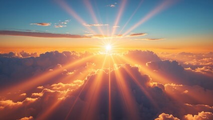 Wall Mural - Dramatic aerial landscape view featuring a sunset sky and clouds, with the sun positioned above the horizon, reflecting autumn's natural color palette