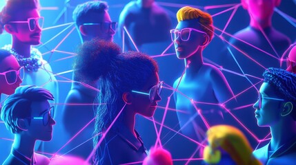 Poster - Vibrant digital avatars linked in a network on a blue backdrop, showcasing the essence of social media interactions.