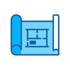 Poster - Blue blueprint roll displaying building plans isolated on White