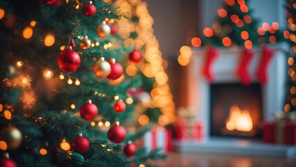 Aufkleber - Decorative glowing tree and fireplace with a softly blurred background