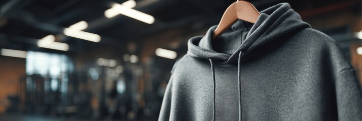Aufkleber - Hoodie Hanging on a Hanger in a Fitness Club With Gym Equipment in the Background and Soft Lighting Highlighting the Fabric