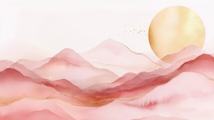 Poster - Abstract Mountain background vector. Minimal landscape art with watercolor brush and golden line texture. Abstract art wallpaper for prints, Art Decoration, wall arts and canvas prints. illustration 