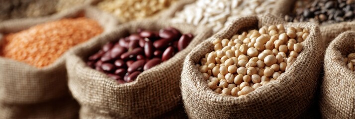 Aufkleber - Varieties of Grains and Legumes Displayed in Burlap Sacks for Natural Food Enthusiasts and Culinary Uses
