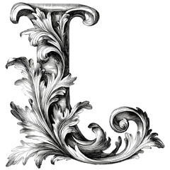 Poster - Ornate decorative letter 'L' in monochrome. Detailed floral and scrollwork design with high contrast. Elegant vintage style. Isolated element on a transparent background for versatile use.