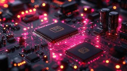 Poster - Illuminated Circuit Board Close-Up View of Microchips and Electronic Components