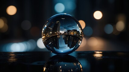 Poster - A reflective globe on a surface, capturing the lights of a cityscape at night.