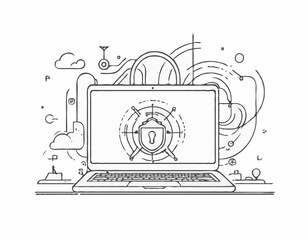 Fototapete - Cybersecurity Line Art Illustration