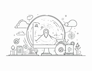 Fototapete - Cybersecurity Line Art Illustration