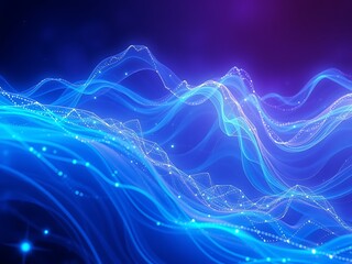 Poster - Abstract blue wavy lines and glowing dots representing data visualization and modern technology