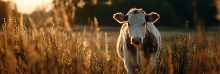 Aufkleber - Cow Grazing Peacefully in Golden Field During Sunset With Blurred Grass in Foreground