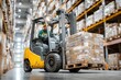 © SMK - Worker operates forklift carrying goods in warehouse with shelves loaded by boxes, indoor shipping and delivery