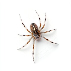 Wall Mural - Closeup detailed view of a striped brown spider with multiple legs and fangs crawling on a wooden surface in its natural habitat