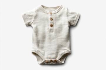 Poster - Close up shot of a simple, neutral colored baby onesie, showcasing the soft fabric and gentle design with small wooden buttons, perfect for a newborn.