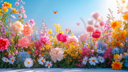Aufkleber - Colorful garden filled with blooming flowers under a sunny sky attracting butterflies