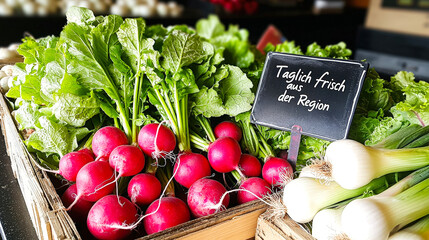 Poster - Colorful radishes and fresh green onions are artistically arranged in a basket at a local market, showcasing seasonal produce