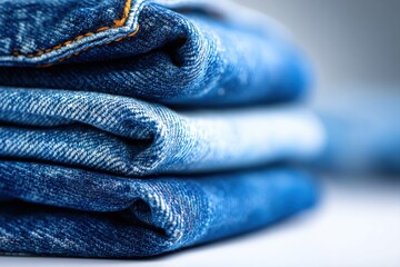 Poster - Close-up studio shot showing a neat stack of folded blue denim jeans, with visible stitching and a textured surface against a bright background, representing everyday wear.