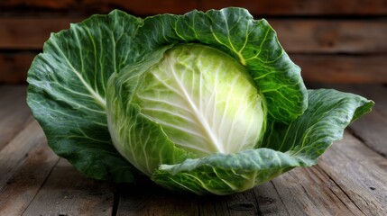 Poster - Cabbage Head With Vibrant Outer Leaves Resting on a Wooden Table Surface at a Cozy Kitchen Setting