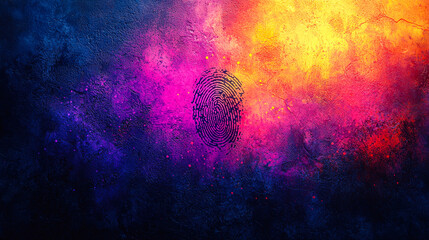 Poster - A vibrant abstract background features a central fingerprint design, evoking themes of identity and mystery against a colorful cosmic backdrop