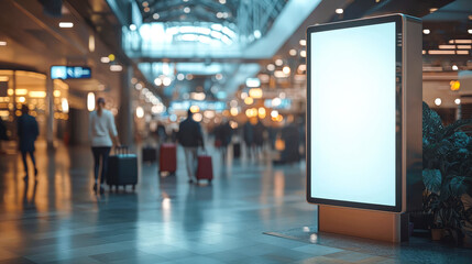 Poster - Travelers with luggage navigate through a bustling airport terminal featuring an empty advertising display in the early evening