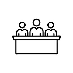 Poster - Three figures behind a desk represented as a simple line drawing in black and white format image