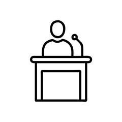 Poster - Person speaking at a podium with a microphone in a simple outline style graphic representation design