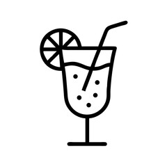 Poster - A refreshing drink in a glass with a straw and lemon slice on the side, outlined in black lines