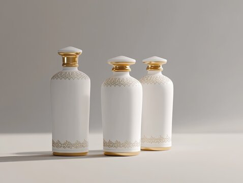 Elegant white bottles with gold detailing