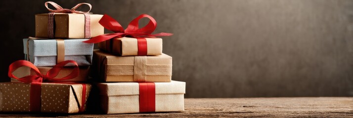 Leinwandbilder - Wrapped Gift Boxes Stacked Neatly With a Warm Spotlight on the Left and an Open Space on the Right Ready for Celebration