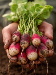 Aufkleber - Freshly Harvested Radishes Held in Hands With Soil, Showcasing Vibrant Colors and Fresh Produce From a Garden