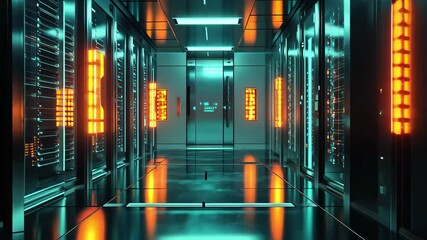 Poster - Futuristic server room with rows of glowing servers illuminating the dark environment, A futuristic server room with rows of glowing servers and a polished floor