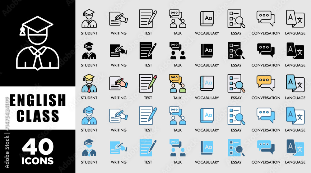 ENGLISH CLASS icon set with various styles and colors customer ...