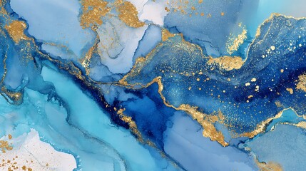  Abstract blue marble texture with gold splashes, blue luxury background 