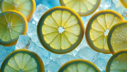 Poster - A cluster of lemons in ice cubes, with a bright yellow hue and green rinds.