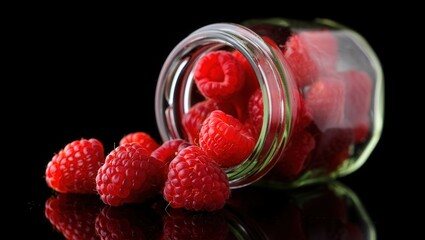 Poster - Clear glass jar filled with red raspberries.
