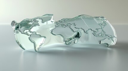 Poster - Abstract depiction of a shattered glass globe revealing a fragmented world map. Rendered with a gradient color palette and reflective surface creating an ethereal effect on a smooth white surface.