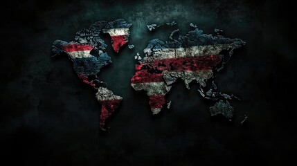 Poster - World map composed of sparkling particles in red white and blue on a dark background representing connection and global reach abstract design.