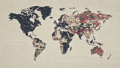 Poster - Abstract world map illustration with textured effect. Features a vintage appearance with various colors and patterns depicting geographical regions.
