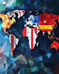 Poster - Abstract world map mosaic on a blue background, featuring diverse flags, artistic representation of countries and continents, symbolic of global interconnectedness and international relations