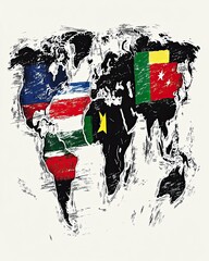 Poster - Abstract world map illustration with various flag color overlays on a white background depicting countries across continents